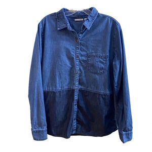 Halogen Blue Chambray Denim Button Down Collar Top Shirt Long Sleeve Large